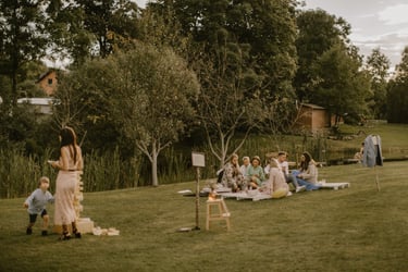 vestuvės gamtoje ir svečiai pievoje