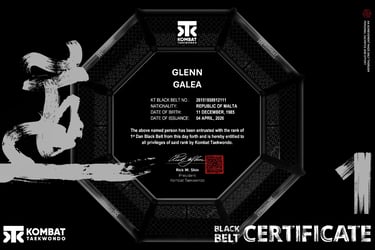 Official Kombat Taekwondo 1st Dan Black Belt certificate issued to Glenn Galea from Malta.