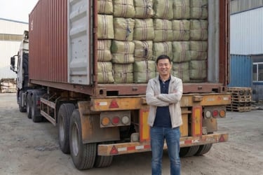 international export buyer standing behind a container of dried Gracilaria seaweed, Indonesia