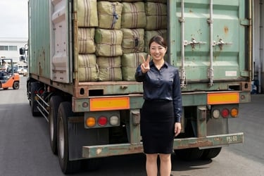 international export buyer standing behind a container of dried Gracilaria seaweed, Indonesia