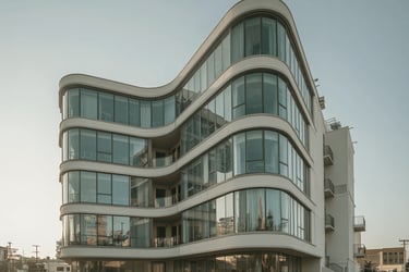 architectural render of a curved office building with curved glass