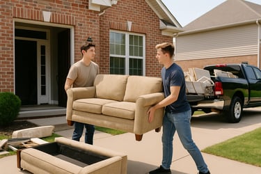 Two men removing a couch from a suburban home – start a junk removal and hauling business for cash