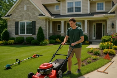 Man mowing suburban lawn with gas mower — lawn care business, landscaping services, profitable outdoor side hustle for homeow