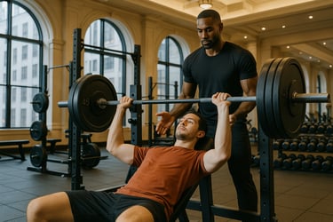 Personal fitness trainer spotting client lifting weights at gym — start a profitable personal training side hustle