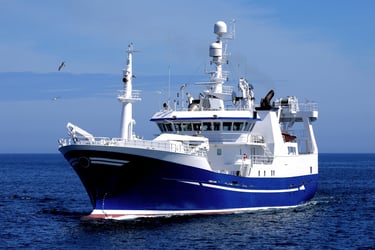 a large boat in the ocean with a bird flying over it