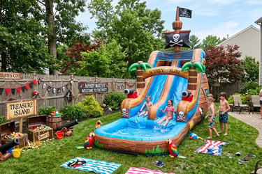 pirate‑themed decorations around an inflatable slide