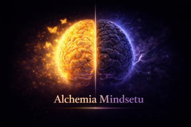 A glowing human brain split into gold and purple halves representing Alchemia Mindsetu logic and creativity.