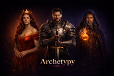 Fantasy character archetypes featuring a queen, knight in armor, and a wizard holding a glowing potion.