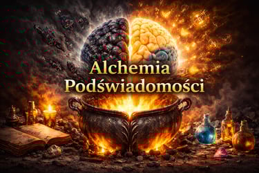 Alchemiczny kociol z plonacym mozgiem oraz polskim napisem Alchemia Podswiadomosci symboli
