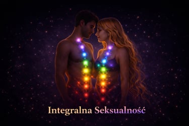 A man and woman embracing with glowing colorful chakras on a cosmic background for Integralna Seksualność.