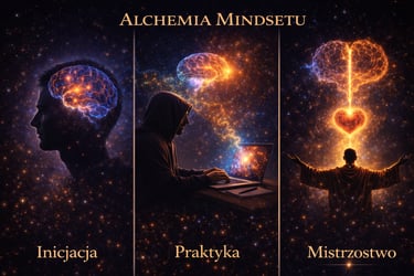 Alchemia Mindsetu infographic showing the evolution of mindset from initiation to mastery in a cosmic theme.