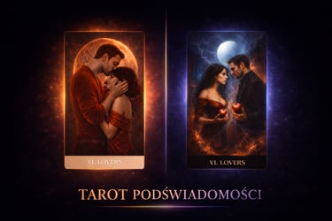 Two artistic The Lovers tarot cards from Tarot Podświadomości featuring romantic couples under the sun and moon.