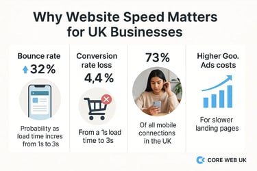 Infographic showing why website speed matters for UK businesses, including bounce rate, conversion l