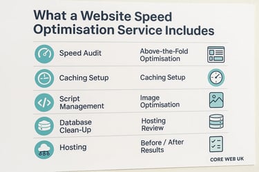 Infographic showing what a website speed optimisation service includes, such as speed audit, caching