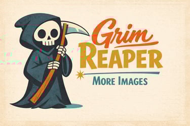 Vintage cartoon illustration of a cute Grim Reaper holding a scythe with retro typography.