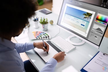Curso de Design Gráfico: Uma pessoa utilizando uma mesa digitalizadora e um desktop