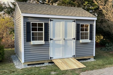 10x14 vinyl shed, handcrafted in North Andover, MA, offers a practical and stylish storage solution.