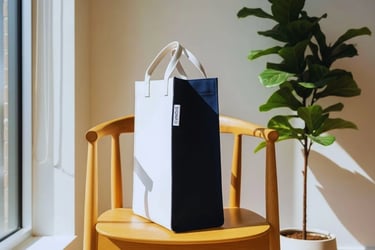 Ide personalisasi tote bag: desain color block membungkus sisi tas kanvas SIGNIFO yang kokoh.