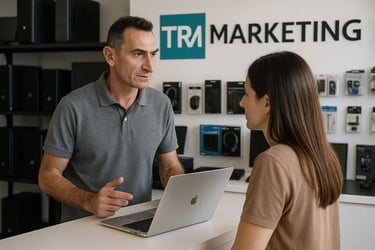 TRMarketing atendiendo a una clienta en la tienda de informática