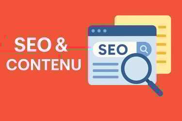 Illustration du lien entre SEO et contenu stratégique : des icônes de rédaction, de recherche. 