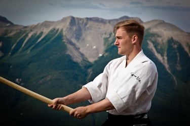 Joshu Sensei practicing kenjutsu on Sulphur Mountain