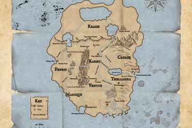 Parchment style map of Omnos Island 2025
