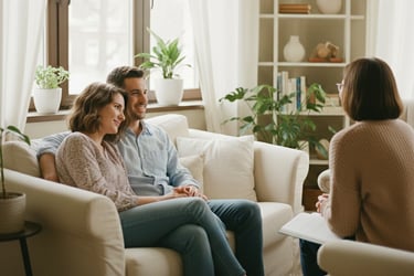 thérapie de couple, couple en consultation auprès d'une thérapeute
