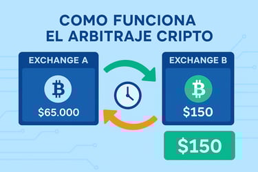Infografía moderna sobre cómo funciona el arbitraje de criptomonedas: comparación de precios entre exchanges, flechas de comp