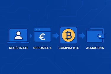 Infografía moderna que explica cómo comprar criptomonedas en Bit2Me: registro de usuario, depósito en euros, compra de Bitcoi