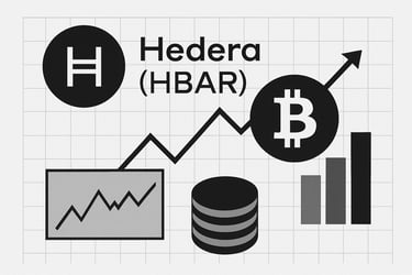Ilustración digital minimalista en blanco y negro que representa la tecnología blockchain de Hedera (HBAR) con un estilo mode