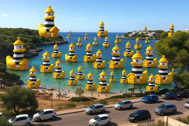 a large group of yellow rubber PATOCOLOM ducks floating in the water of s´arenal of Portocolom