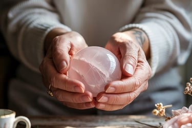 Laimagen son dos manos sosteniendo una esfera de cuarzo rosa