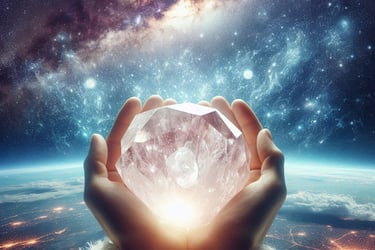 La imagen son dos manos sosteniendo una cuarzo rosa del que emana energia