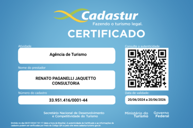 Agencia certificada no ministerio do turismo Cadastur
