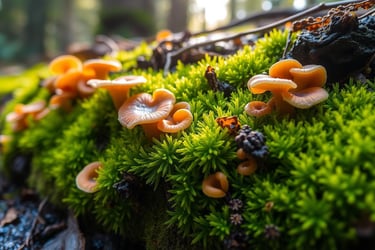 detailed close-up of vibrant green moss intertwined with colorful fungi