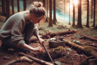 a woman in the wilderness sharpening a stick