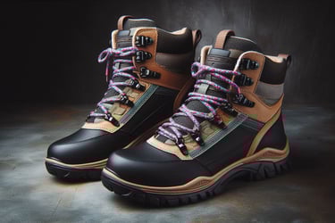 black and tan hiking boots with purple laces