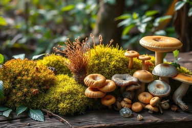  a serene forest scene showcasing vibrant moss and diverse fungi, on wood table 