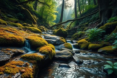 forest stream with moss covered rocks