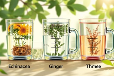 echinacea, ginger, and thyme in different containers, with corresponding measuring cups of water 