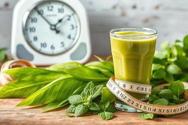 green smoothie with moringa leaves around it