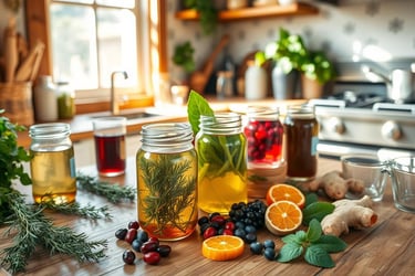 various jars of colorful herbal syrups, surrounded by fresh herbs