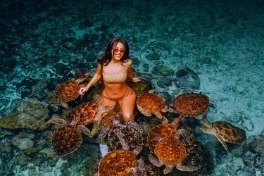 tourist enjoying an interactive tour with sea turtles at the Zanzibar Sea Turtle Aquarium, exploring marine life