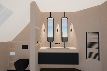 Rénovation d'une salle de bain avec un meuble suspendu sur-mesure noir, un lavabo et des miroirs