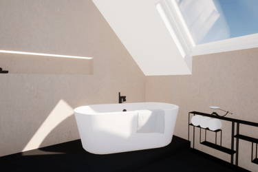 Rénovation d'une salle de bain avec un velux, une baignoire sur un sol noir et des murs beiges