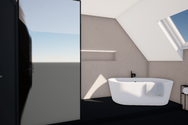 Rénovation d'une salle de bain avec une baignoire, un velux et une douche avec paroi vitrée noire.