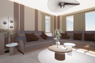 Projet de transformation d'un living avec une suspension et des panneaux décoratifs beiges et bruns