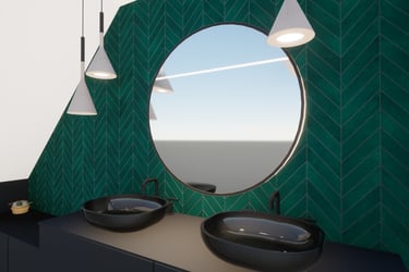 Rénovation d'une salle de bain avec deux vasques et un miroir surmonté de luminaires suspendus