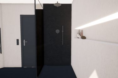 Rénovation d'une salle de bain avec une douche à l'Italienne et une porte noire et des murs beiges.