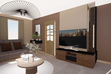 Projet de transformation d'un living avec un meuble TV sur-mesure et des murs beiges et bruns